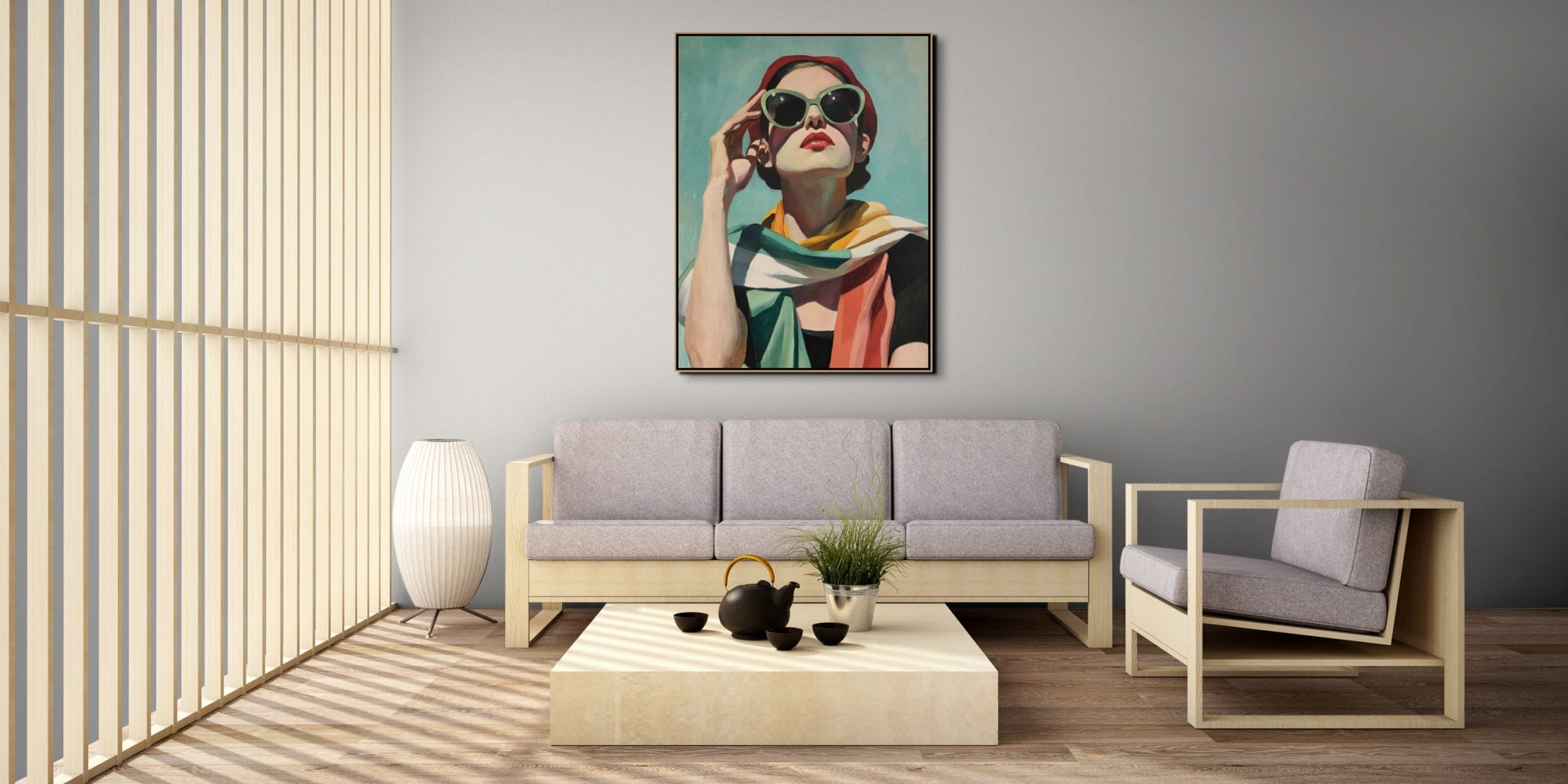 LETNÍ ELEGANCE - REALISTICKÝ OBRAZ (CRA 654) 10 Ručně malované krásné obrazy na plátně s názvem Letní elegance zobrazující stylovou ženu v retro brýlích a barevném šátku