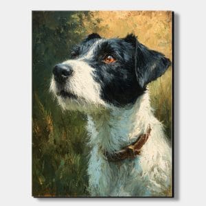 Ručně malovaný pes s názvem Psí duše zobrazující detailní portrét teriéra s upřeným pohledem v hnědých a zelených tónech