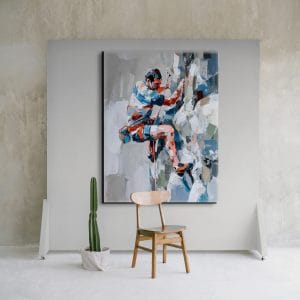 Obraz horolezce v dynamickém výstupu s expresivní figurální malbou