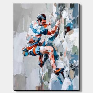 Obraz horolezce v dynamickém výstupu s expresivní figurální malbou