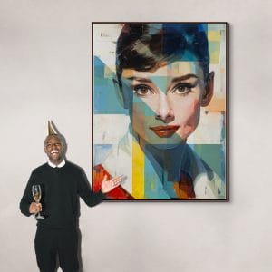 Obraz Audrey Hepburn s expresionistickým portrétem a geometrickým barevným pojetím