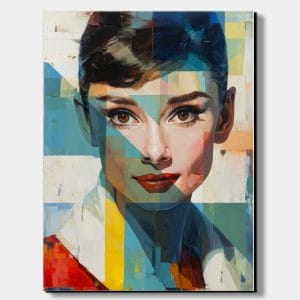 Obraz Audrey Hepburn s expresionistickým portrétem a geometrickým barevným pojetím