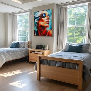 Ručně malovaná malba do koupelny s názvem Vteřiny před skokem zobrazující detailní obličej plavkyně v modrých brýlích na tyrkysovém pozadí