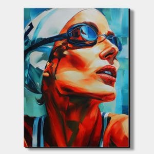 Ručně malovaná malba do koupelny s názvem Vteřiny před skokem zobrazující detailní obličej plavkyně v modrých brýlích na tyrkysovém pozadí