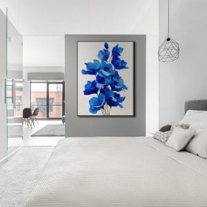 Obraz květin s modrými květy a výraznou strukturou malby