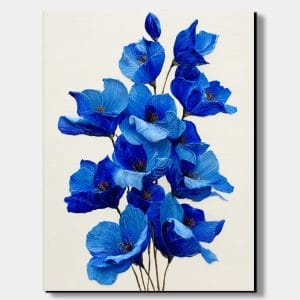 Obraz květin s modrými květy a výraznou strukturou malby