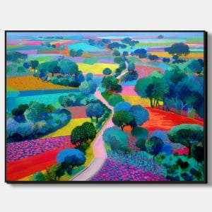 Obraz krajiny malovaný zachycující barevná pole a klikatou cestu