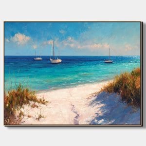 Obraz moře s lodí zachycuje klidnou pláž a jachty na vodě