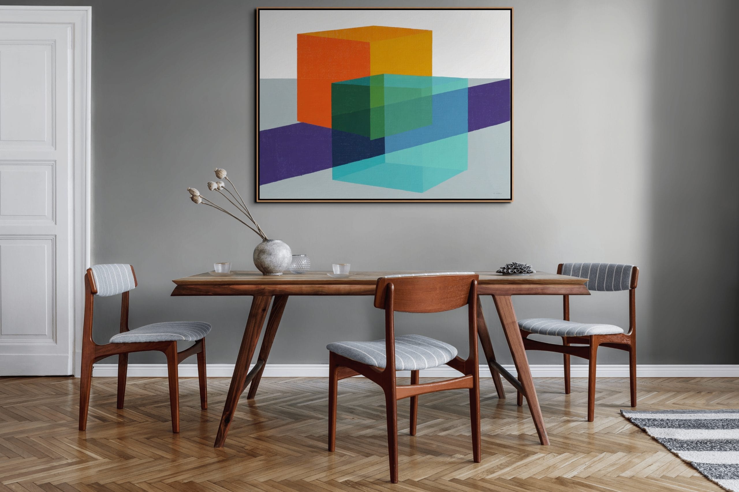 GEOMETRICKÁ OZVĚNA - MINIMALISTICKÝ OBRAZ (AMA 212) 5 Geometrická ozvěna – obrazy na zeď do kanceláře s krychlemi