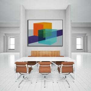 Geometrická ozvěna – obrazy na zeď do kanceláře s krychlemi