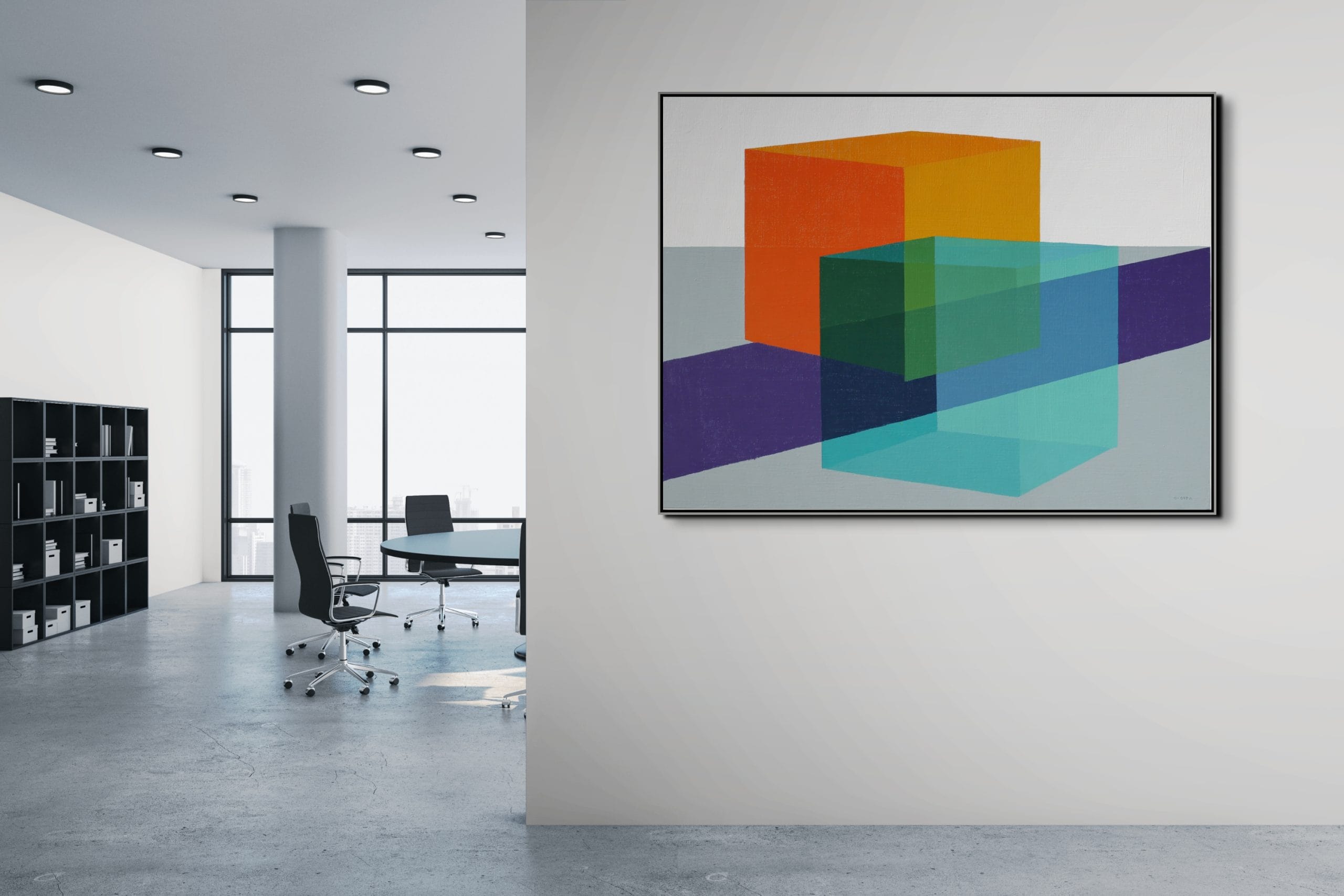 GEOMETRICKÁ OZVĚNA - MINIMALISTICKÝ OBRAZ (AMA 212) 8 Geometrická ozvěna – obrazy na zeď do kanceláře s krychlemi