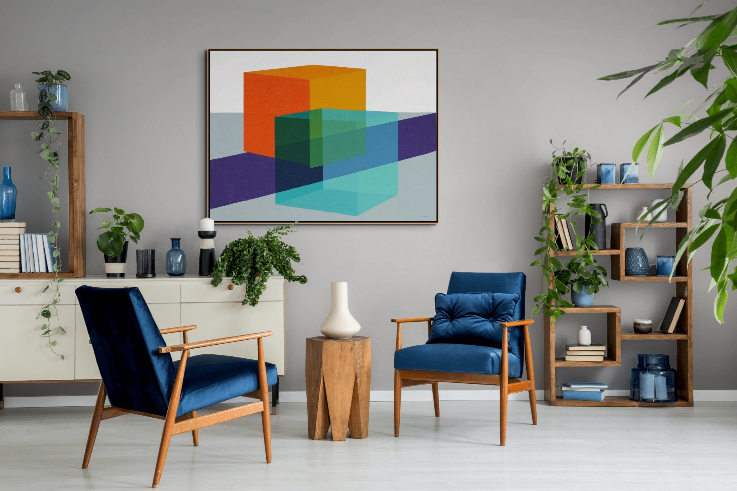 GEOMETRICKÁ OZVĚNA - MINIMALISTICKÝ OBRAZ (AMA 212) 9 Geometrická ozvěna – obrazy na zeď do kanceláře s krychlemi