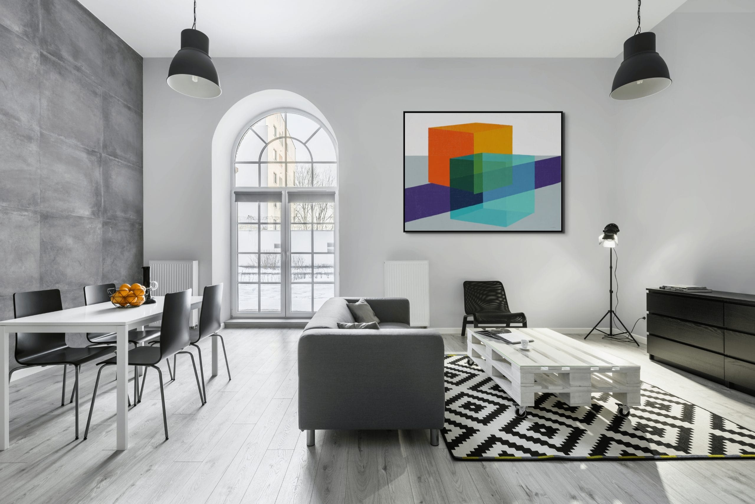GEOMETRICKÁ OZVĚNA - MINIMALISTICKÝ OBRAZ (AMA 212) 10 Geometrická ozvěna – obrazy na zeď do kanceláře s krychlemi