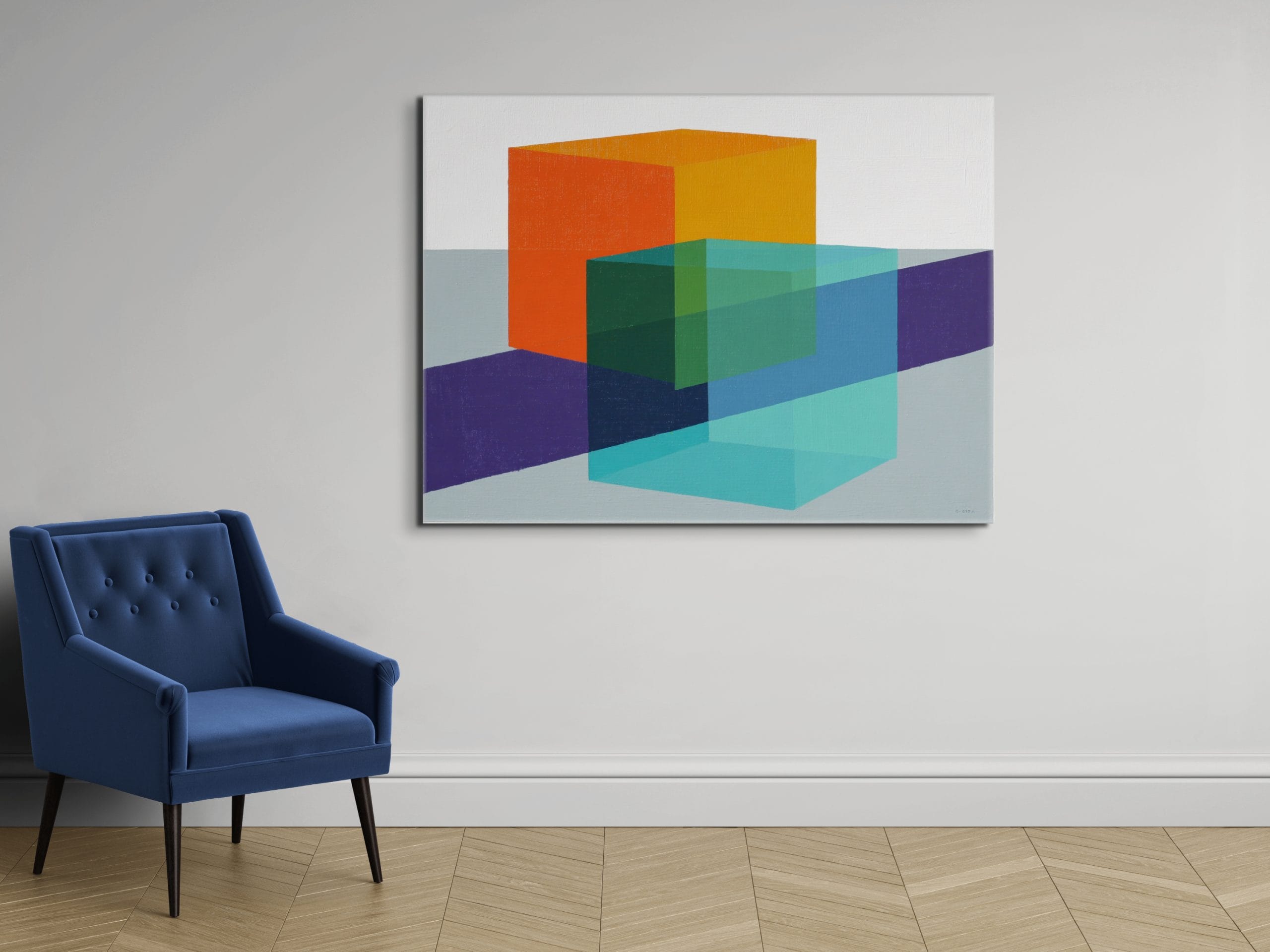 GEOMETRICKÁ OZVĚNA - MINIMALISTICKÝ OBRAZ (AMA 212) 3 Geometrická ozvěna – obrazy na zeď do kanceláře s krychlemi