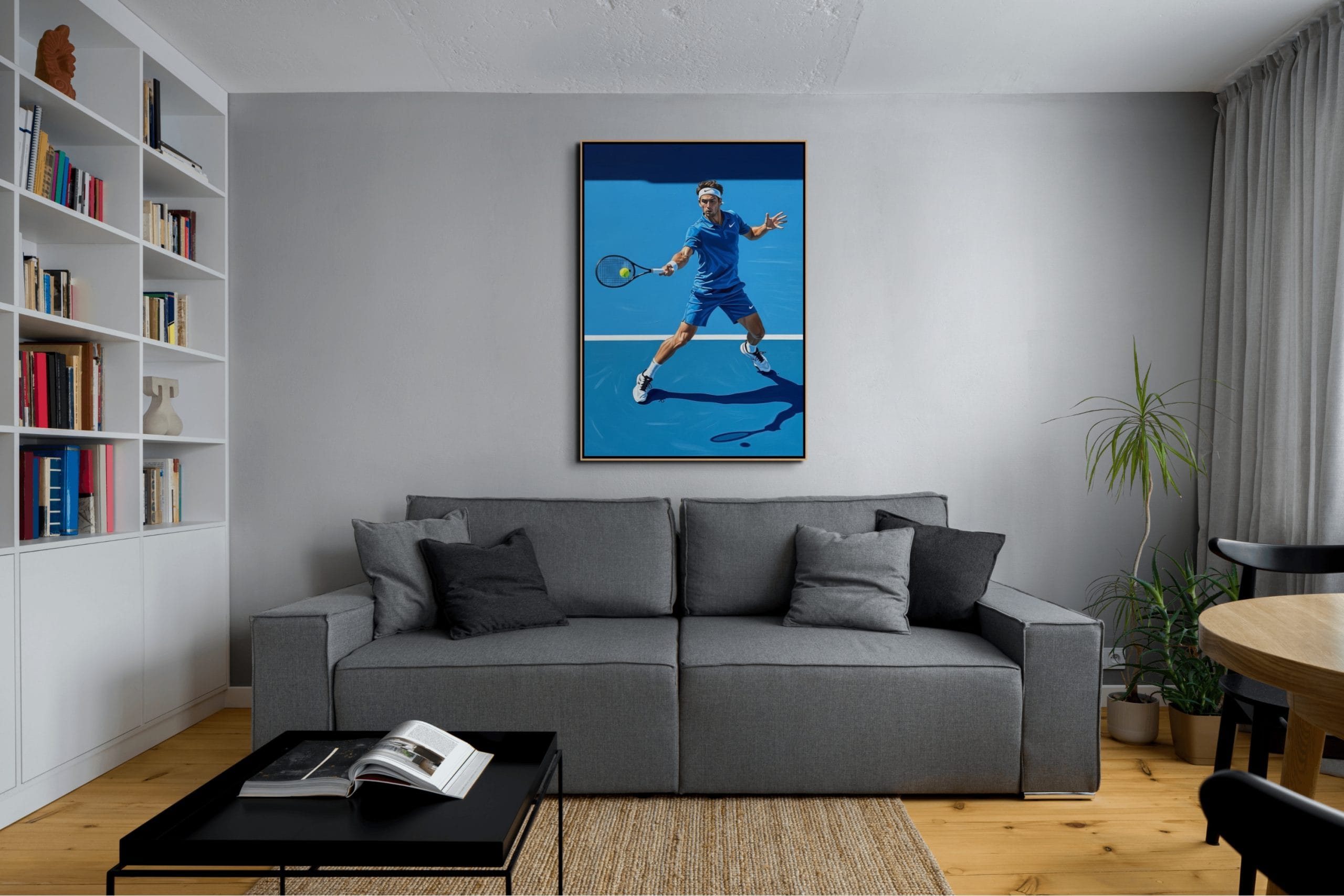 VÍTĚZNÝ FORHEND - REALISTICKÝ OBRAZ (ARA 662) 6 Ručně malovaný Obraz tenis s názvem Vítězný forhend zobrazující tenistku v nápřahu na antukovém kurtu zalitým sluncem
