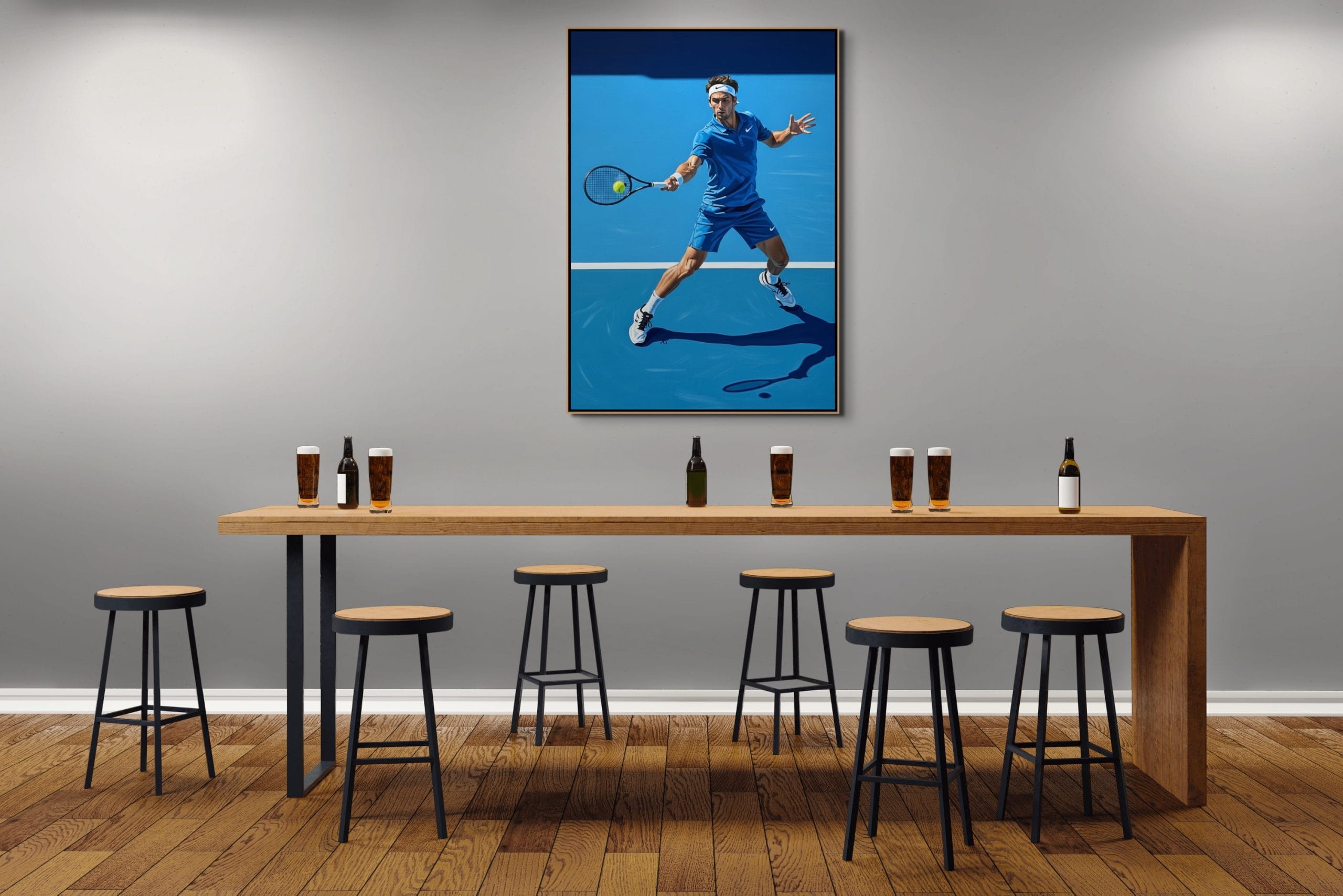 VÍTĚZNÝ FORHEND - REALISTICKÝ OBRAZ (ARA 662) 7 Ručně malovaný Obraz tenis s názvem Vítězný forhend zobrazující tenistku v nápřahu na antukovém kurtu zalitým sluncem