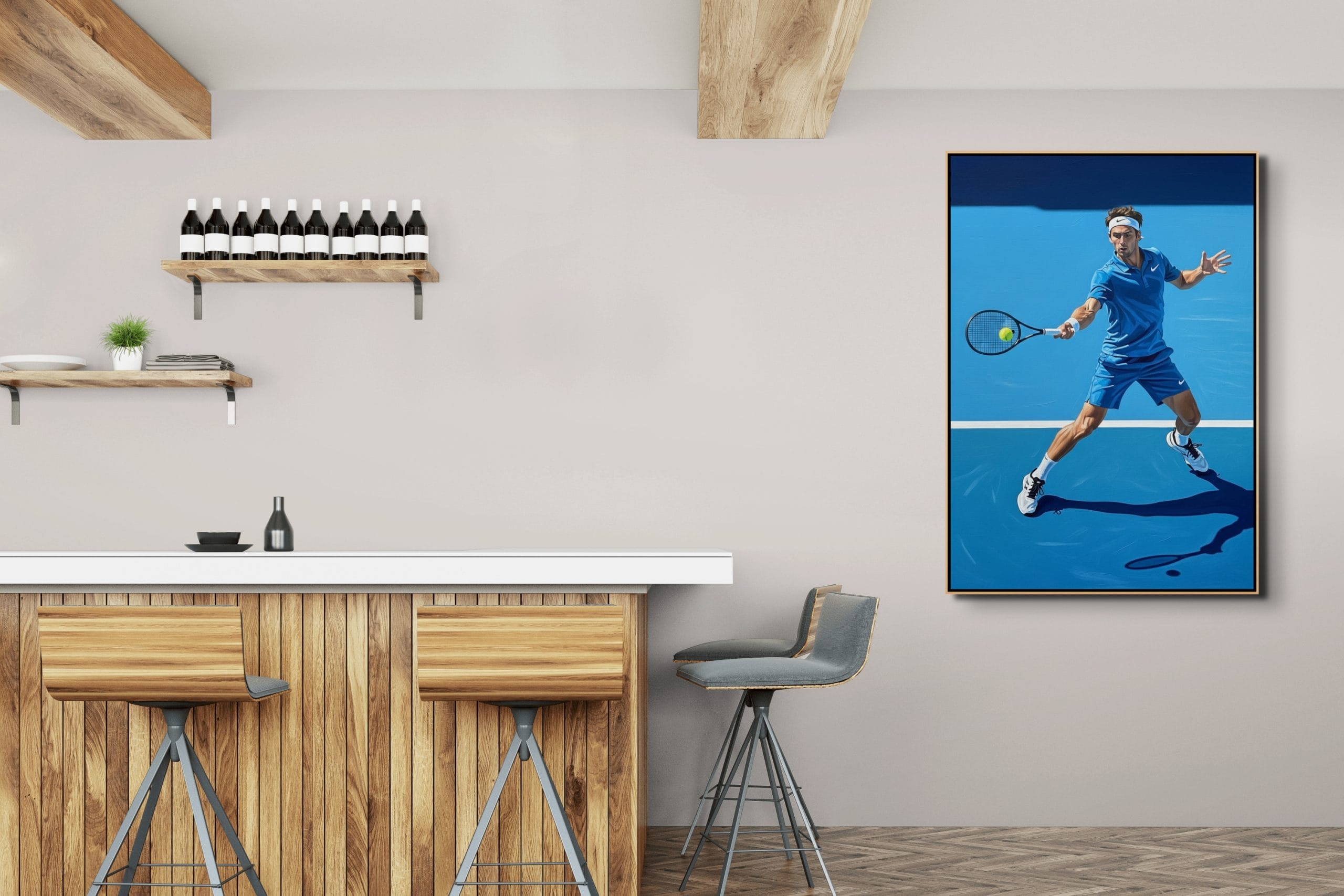 VÍTĚZNÝ FORHEND - REALISTICKÝ OBRAZ (ARA 662) 8 Ručně malovaný Obraz tenis s názvem Vítězný forhend zobrazující tenistku v nápřahu na antukovém kurtu zalitým sluncem