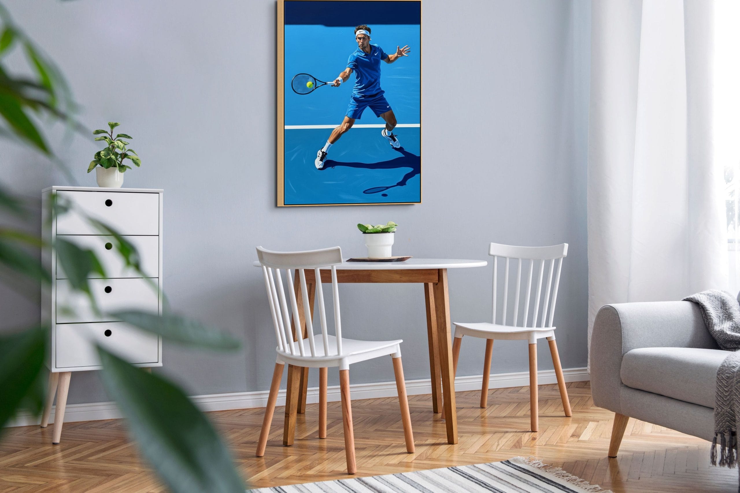 VÍTĚZNÝ FORHEND - REALISTICKÝ OBRAZ (ARA 662) 9 Ručně malovaný Obraz tenis s názvem Vítězný forhend zobrazující tenistku v nápřahu na antukovém kurtu zalitým sluncem