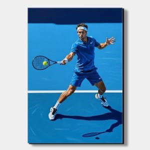 Ručně malovaný Obraz tenis s názvem Vítězný forhend zobrazující tenistku v nápřahu na antukovém kurtu zalitým sluncem