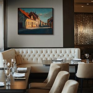 Ručně malovaný obraz města s názvem Stíny starého města zobrazující prosluněnou historickou uličku s výraznými stíny a okrovými domy