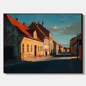 Ručně malovaný obraz města s názvem Stíny starého města zobrazující prosluněnou historickou uličku s výraznými stíny a okrovými domy