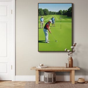 Ručně malovaný Dárek pro golfistu s názvem Rozhodující putt zobrazující detailní záběr na golfový míček u jamky v záři odpoledního slunce