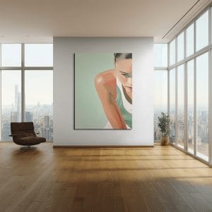 Ručně malované zelené obrazy na zeď s názvem Moment ticha zobrazující detailní profil ženy v bílém nátělníku na zeleném pozadí