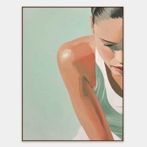 Ručně malované zelené obrazy na zeď s názvem Moment ticha zobrazující detailní profil ženy v bílém nátělníku na zeleném pozadí