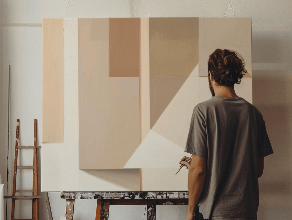 Umělec maluje minimalistický geometrický obraz olejem na plátně