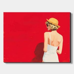 Moderní retro obraz ženy v bílých plavkách na sytě červeném pozadí