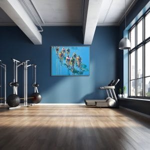 Detailní ruční malba na plátně - Obraz cyklistika s názvem Závod, využívající kontrastní modré a hřejivé okrové barvy pro znázornění rychlosti pelotonu