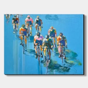 Detailní ruční malba na plátně - Obraz cyklistika s názvem Závod, využívající kontrastní modré a hřejivé okrové barvy pro znázornění rychlosti pelotonu