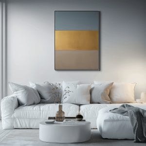 Ručně malovaná organická abstrakce Sluneční brána znázorňující horizontální modré, zlaté a hnědé plochy s výraznou texturou olejových barev.