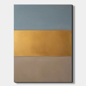 Ručně malovaná organická abstrakce Sluneční brána znázorňující horizontální modré, zlaté a hnědé plochy s výraznou texturou olejových barev.