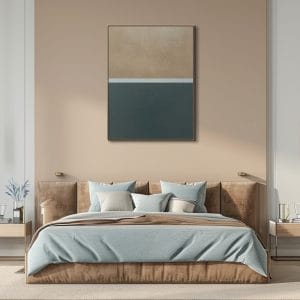 Ručně malovaný minimalistický obraz s názvem Dva světy rozdělený na dvě barevná pole v pískové a tmavě šedé barvě s tenkou linkou.