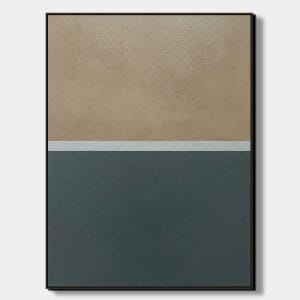 Ručně malovaný minimalistický obraz s názvem Dva světy rozdělený na dvě barevná pole v pískové a tmavě šedé barvě s tenkou linkou.