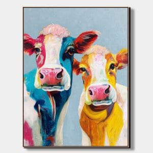 Pop art obraz krávy v pestrých barvách jako moderní ručně malovaný obraz na plátně