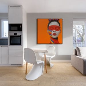 Originální dárek ke kolaudaci: Moderní portrét ženy Tep barev s barevnými pruhy na oranžovém pozadí