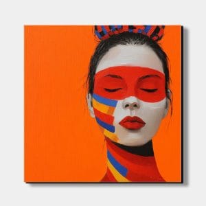 Originální dárek ke kolaudaci: Moderní portrét ženy Tep barev s barevnými pruhy na oranžovém pozadí