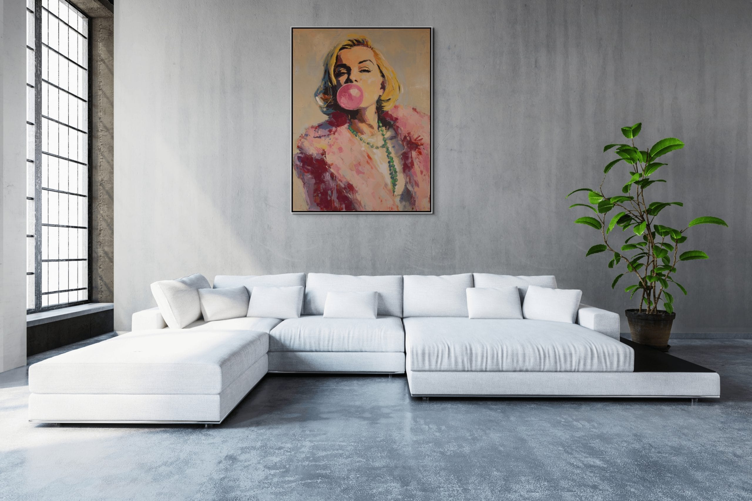 HVĚZDA SE ŽVÝKAČKOU - POP ART OBRAZ (APA 828) 4 Pop-art portrét ženy s růžovou žvýkačkovou bublinou v kožešinovém límci