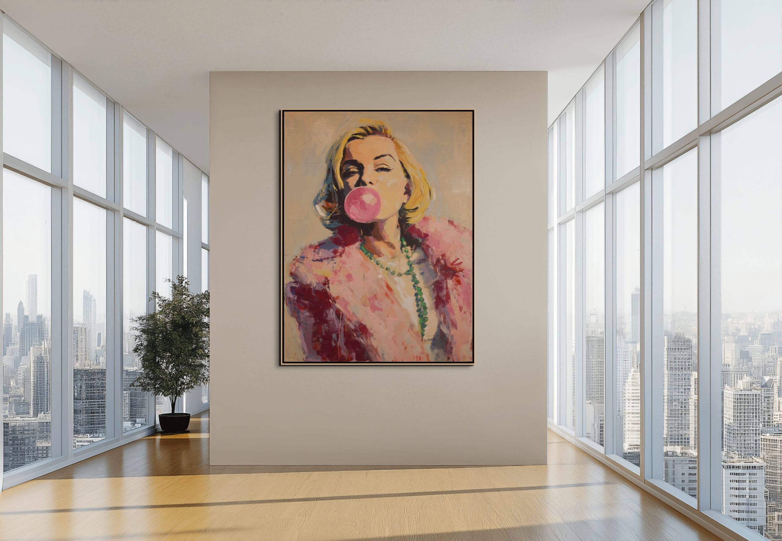 HVĚZDA SE ŽVÝKAČKOU - POP ART OBRAZ (APA 828) 5 Pop-art portrét ženy s růžovou žvýkačkovou bublinou v kožešinovém límci