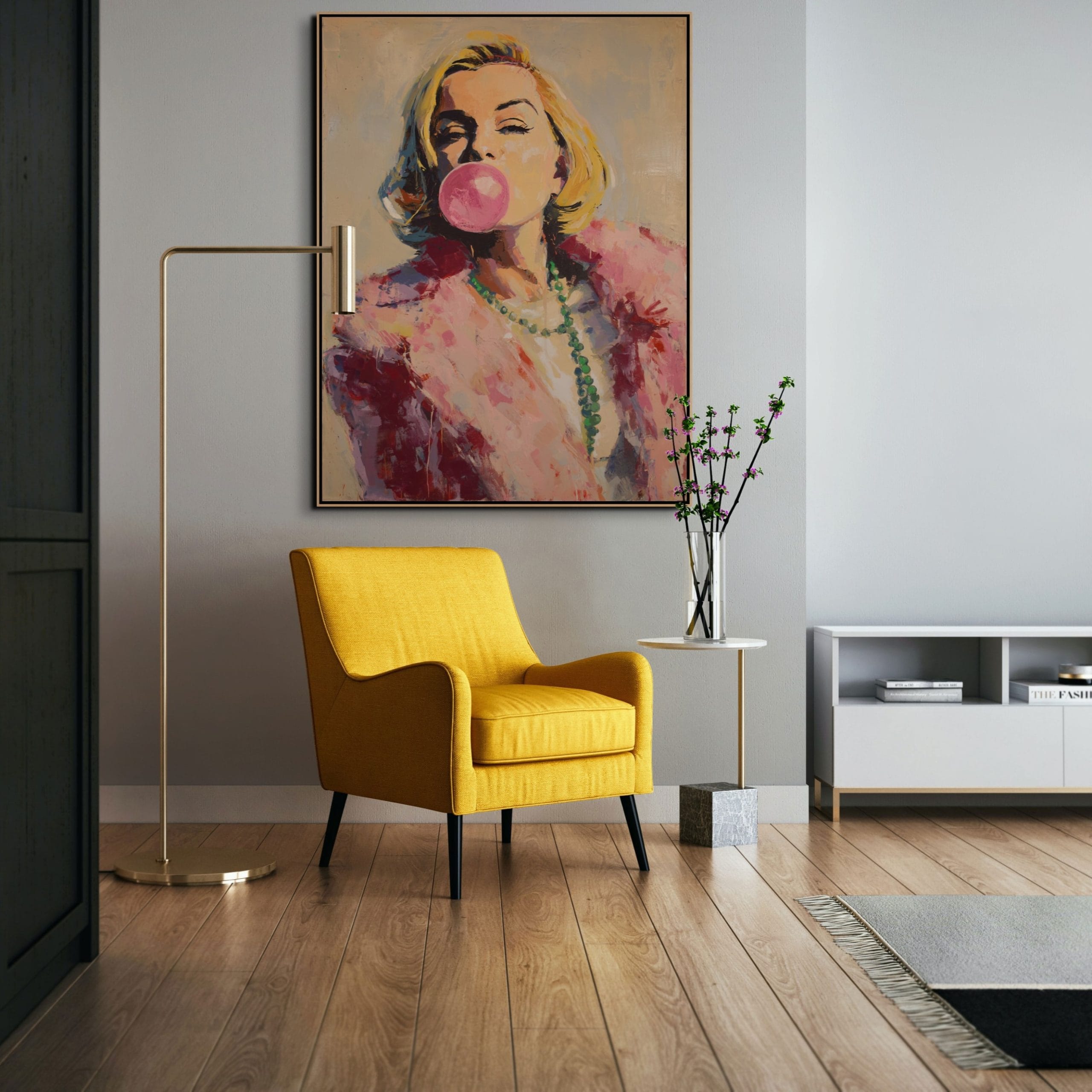 HVĚZDA SE ŽVÝKAČKOU - POP ART OBRAZ (APA 828) 2 Pop-art portrét ženy s růžovou žvýkačkovou bublinou v kožešinovém límci