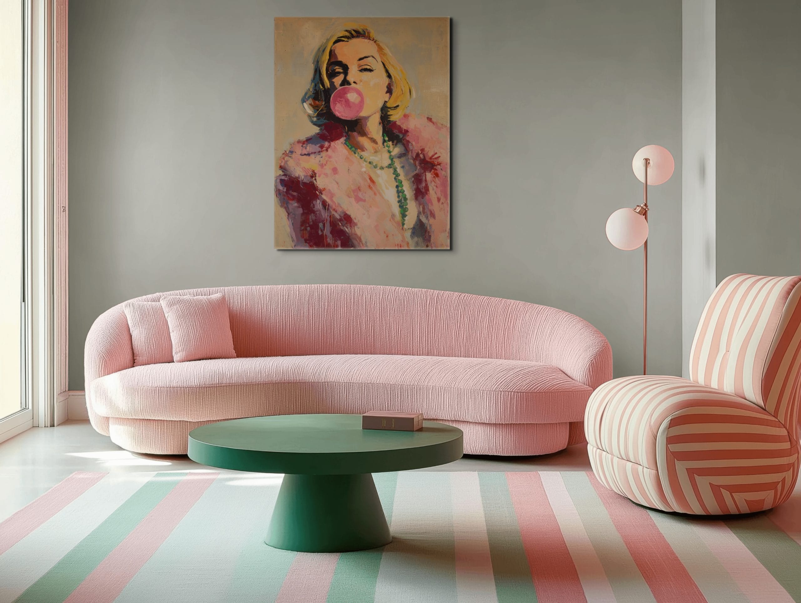 HVĚZDA SE ŽVÝKAČKOU - POP ART OBRAZ (APA 828) 6 Pop-art portrét ženy s růžovou žvýkačkovou bublinou v kožešinovém límci