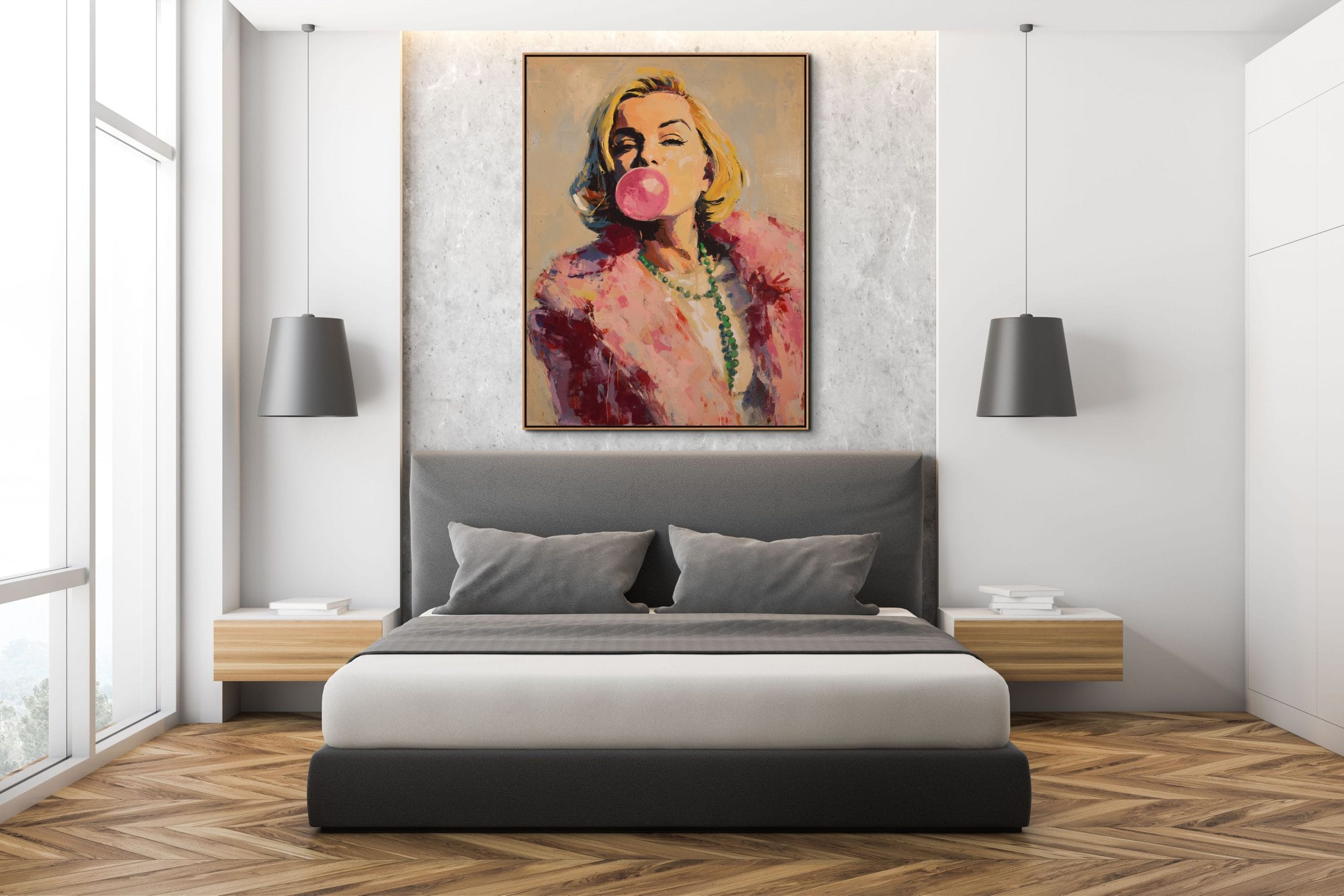 HVĚZDA SE ŽVÝKAČKOU - POP ART OBRAZ (APA 828) 9 Pop-art portrét ženy s růžovou žvýkačkovou bublinou v kožešinovém límci