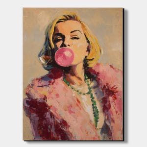 Pop-art portrét ženy s růžovou žvýkačkovou bublinou v kožešinovém límci