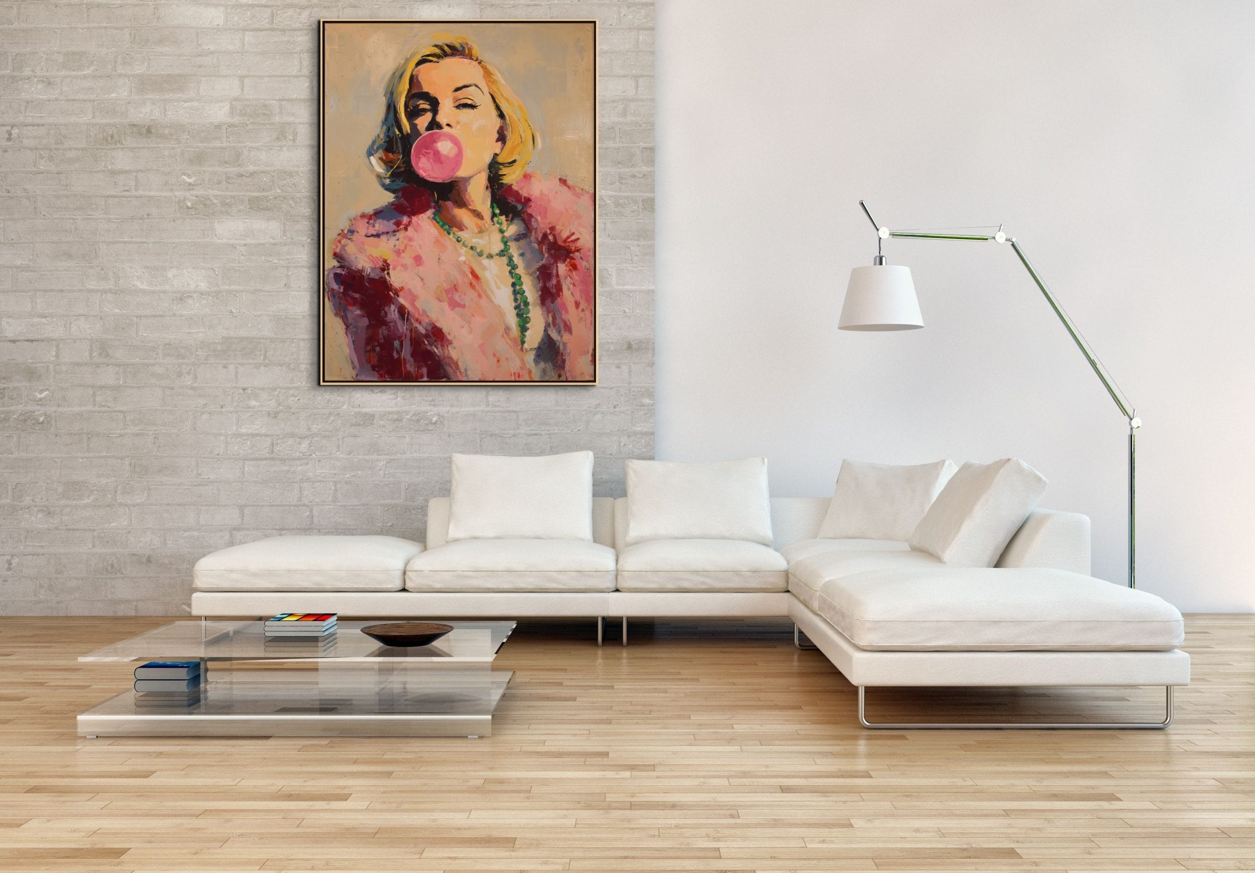 HVĚZDA SE ŽVÝKAČKOU - POP ART OBRAZ (APA 828) 3 Pop-art portrét ženy s růžovou žvýkačkovou bublinou v kožešinovém límci