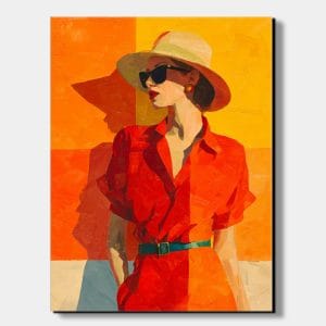 Moderní obraz ženy v červených šatech a slaměném klobouku na oranžovém pozadí