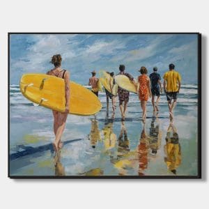 Expresivní obraz surfařů s názvem Společně k vlnám zobrazující postavy se surfy kráčející po pláži směrem k mořským vlnám.