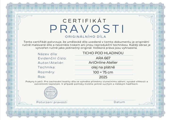Certifikát ruční malby 1 Certifikát ruční malby potvrzující pravost originálního obrazu