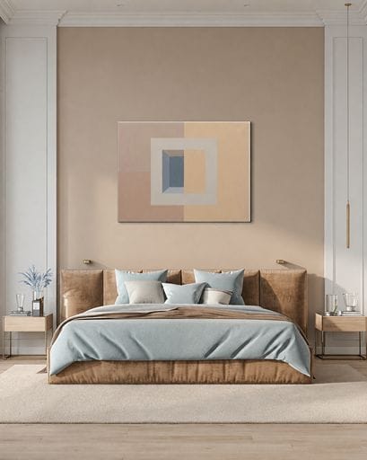 Minimalistický ručně malovaný obraz v moderní ložnici